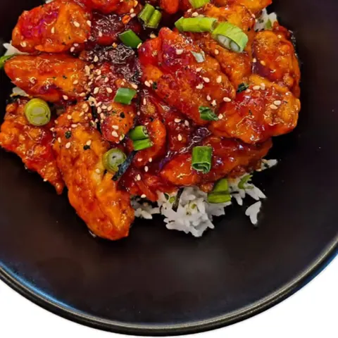 Korean fried chicken over rice